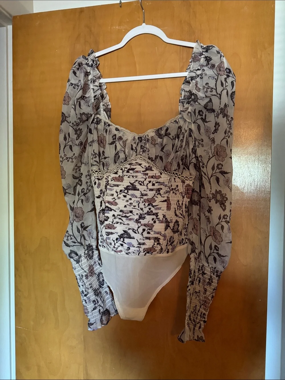 Free People Cream Floral Smocked Puff-Sleeve Bodysuit